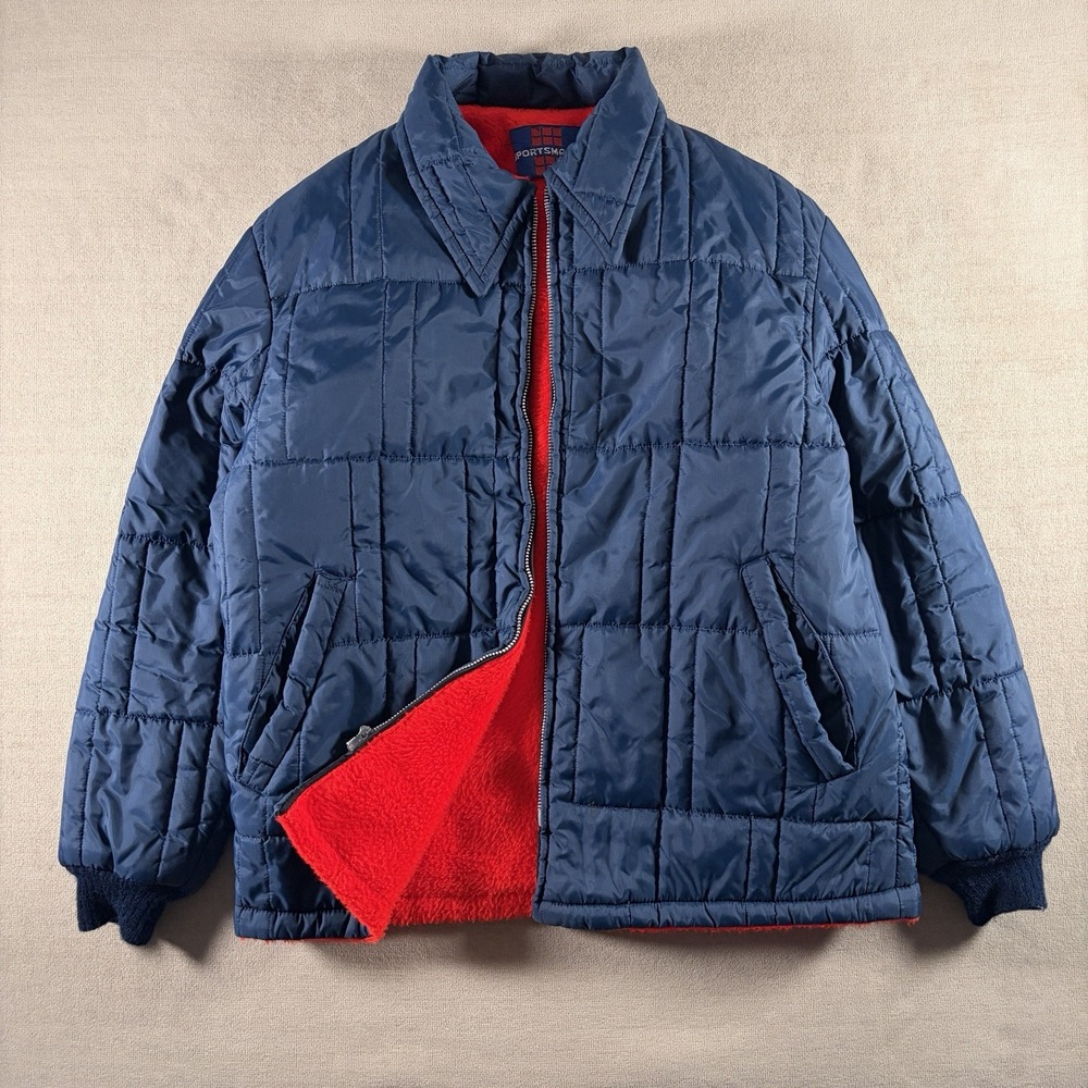 Vtg Sportsmaster‎ Quilted Jacket Mens Large Blue Full Zip Red Fleece Lined 70s